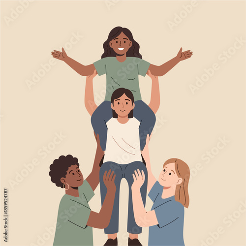 A group of diverse women lifting another woman on their shoulders, celebrating teamwork and female empowerment