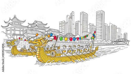 Traditional dragon boat race in modern cityscape with skyscrapers and pagodas