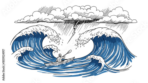 Adventurous kayaker confronting giant waves and lightning storm in ink drawing