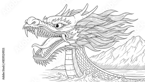 Detailed black and white dragon line art: majestic creature with fiery mane and ocean waves