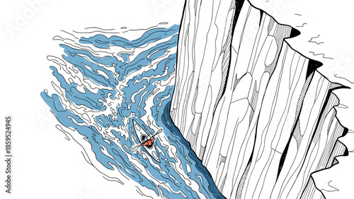 Dynamic canoeing adventure near rocky cliff with flowing water in detailed line art style