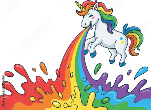 Cute magical white unicorn character vomiting a vibrant rainbow with colorful paint splashes for creative fantasy design fun stickers and children's party branding vector