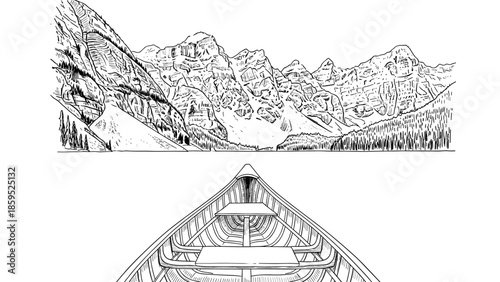 Detailed monochrome landscape of canoe on lake with mountain range background