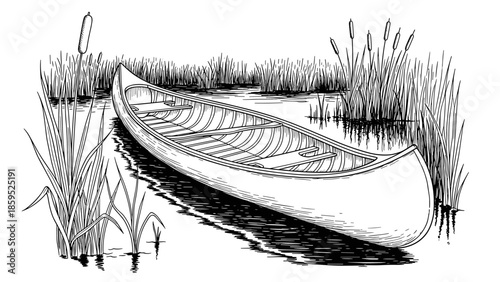 Detailed black and white line art of canoe in a serene marshland scene