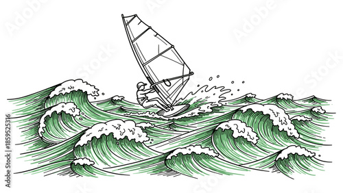 Dynamic windsurfing adventure on vibrant ocean waves in line art style