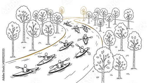 Minimalist kayaking scene with group of paddlers in forest river setting