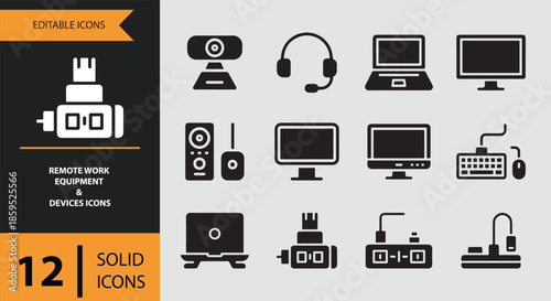 Solid icons for remote work equipment and essential devices to enhance productivity