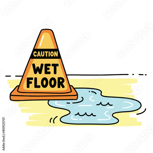 Caution wet floor sign next to a puddle on a tiled surface  