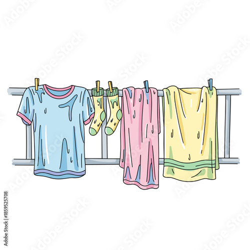 Colorful laundry hanging on clothesline with shirts and towels  