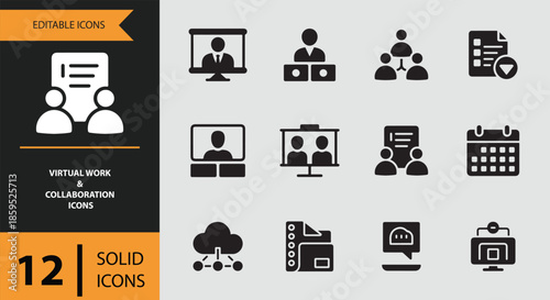 Modern virtual work and collaboration solid icons set for digital communication platforms