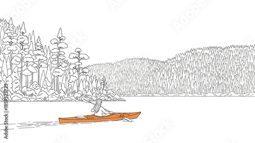 Linear style kayaker paddling through scenic forest lake landscape