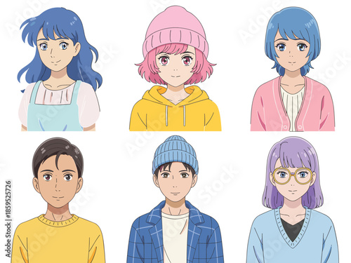 Anime style young male and female character avatar set featuring diverse hairstyles colorful beanies and trendy casual outfits for social media profiles and gaming vector