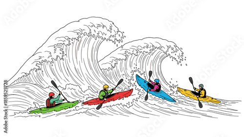 Dynamic wave adventure: colorful kayakers in action-packed ocean scene