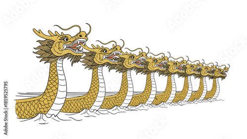 Traditional asian golden dragon heads in a powerful row against white background