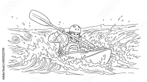 Adventure thrills on a whitewater kayaking journey in linear art style