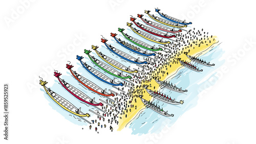 Colorful dragon boats lined up on the beach ready for a vibrant festival