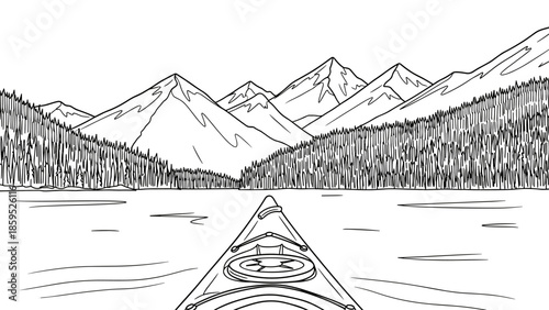 Kayak adventure on serene mountain lake in linear style