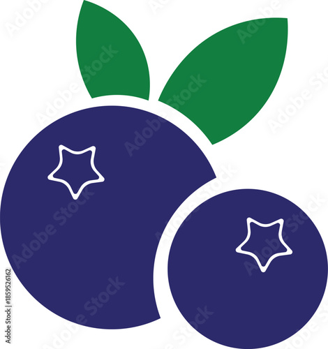 Vibrant Blueberry Duo A close up shot of two ripe blueberries, adorned with lush green leaves. The blueberries exhibit an inviting deep blue hue, hinting at their fresh taste.