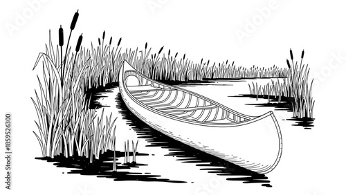 Monochrome canoe in tranquil river amongst reed silhouette art