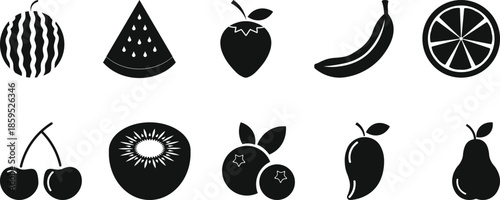 Fruit Assortment Silhouettes A collection of fruit illustrations, each a sleek, black silhouette, offers a range of nature's flavors, including slices of watermelon, a juicy strawberry.