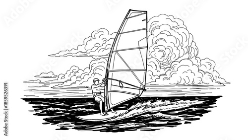Sailing adventure at sea with dramatic clouds in black and white art style