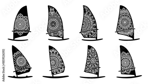 Intricate mandala patterns on sailboat sails set in black and white silhouette style