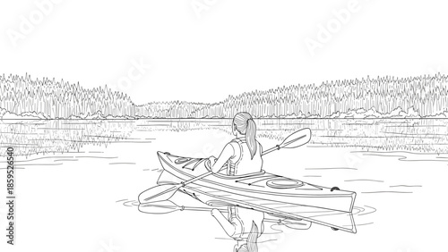 Serene outdoor adventure journey in a kayak on a tranquil lake