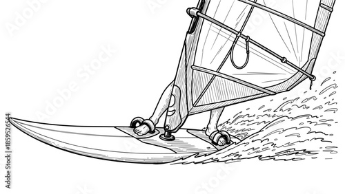 Dynamic black and white sketch of windsurfer riding the waves