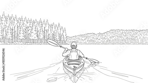 Peaceful kayaking adventure in serene forest lake with stunning outline style