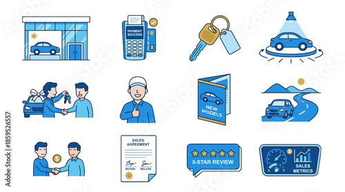 Car dealership sales and customer service icons in blue