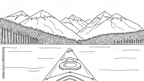 Line art kayaking adventure with mountain and forest scenery