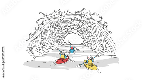 Kayaking adventure through peaceful river with lush forest canopy