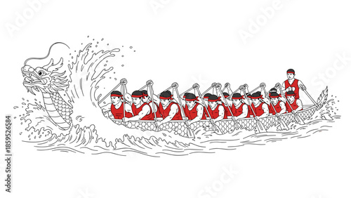 Dragon boat racing team paddling through waves in linear style