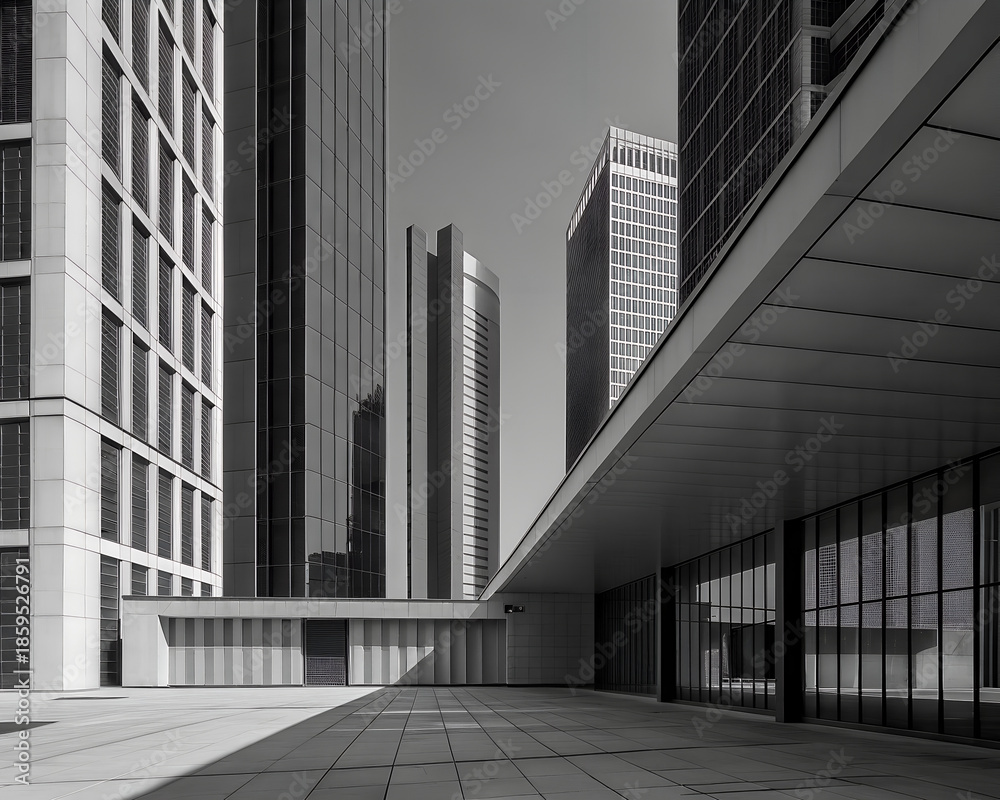 Fototapeta premium Modern cityscape with sleek high rise office buildings and clean architectural lines.
