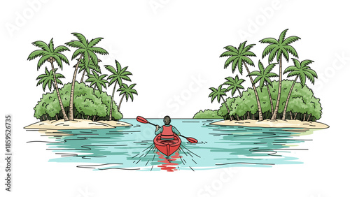 Tropical lagoon adventure: kayaker navigates clear waters surrounded by lush islands