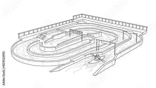 Isometric outline of kayak water park course with barriers and gate elements