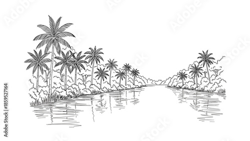 Tranquil tropical river with palm trees in detailed hand drawn style