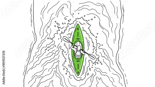 Minimalist kayaker navigating rapids in green canoe from above