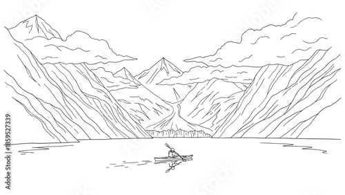 Minimalist mountain lake scene with kayaker and dramatic clouds