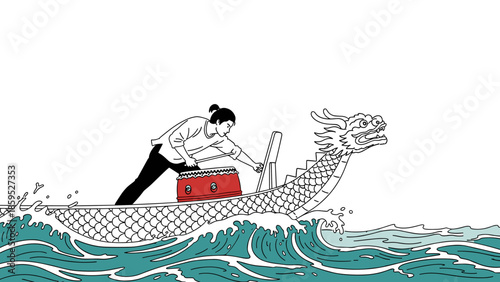 Dragon boat paddling with drummer on turbulent waves in minimalist style