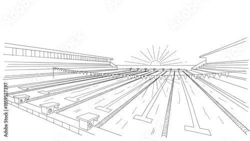 Linear minimalist swimming pool with lanes and sunrise background