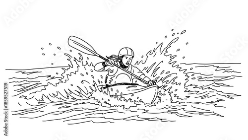 Dynamic line art of kayaker navigating rough waters in black and white