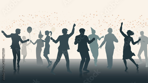 Silhouettes of people dancing and celebrating at a festive party with balloons and confetti. Ideal for invitations, events, nightlife ads, holidays and joyful celebration themes.