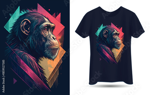 Colorful Neon Geometric Chimpanzee Portrait T‑Shirt Design Vector Illustration.