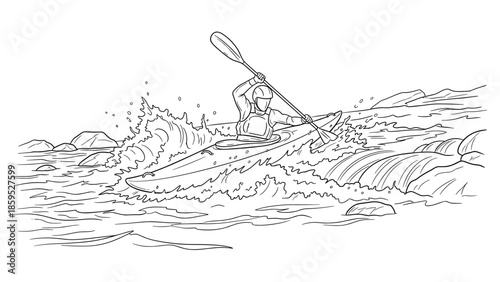 Dynamic line art of kayaker navigating rapids with skill and precision