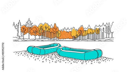 Autumn river adventure: inflatable rafts ready by the scenic forest riverbank