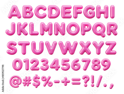 Pink 3D bubble alphabet letters numbers and symbols set isolated on transparent puffy glossy balloon style font for graphic design projects