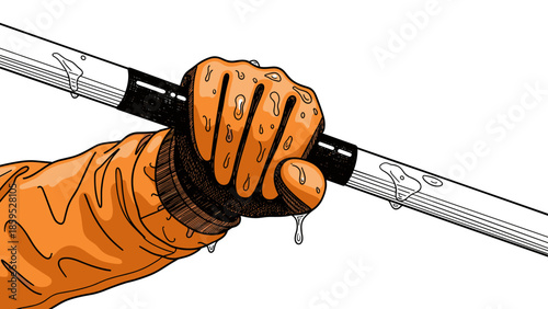 Hand gripping wet kayak paddle in detailed colorful style