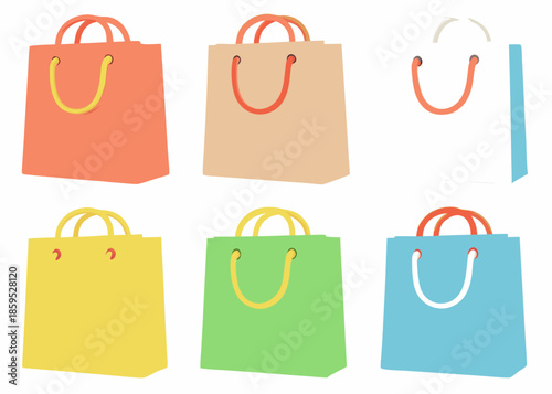 Colorful shopping bags in various shades arranged on a clean white background