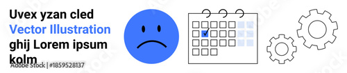 Task management, productivity, emotions, planning, mood tracking, business tools. Sad blue face, calendar with checkmark gear settings graphics. Productivity and emotions concept